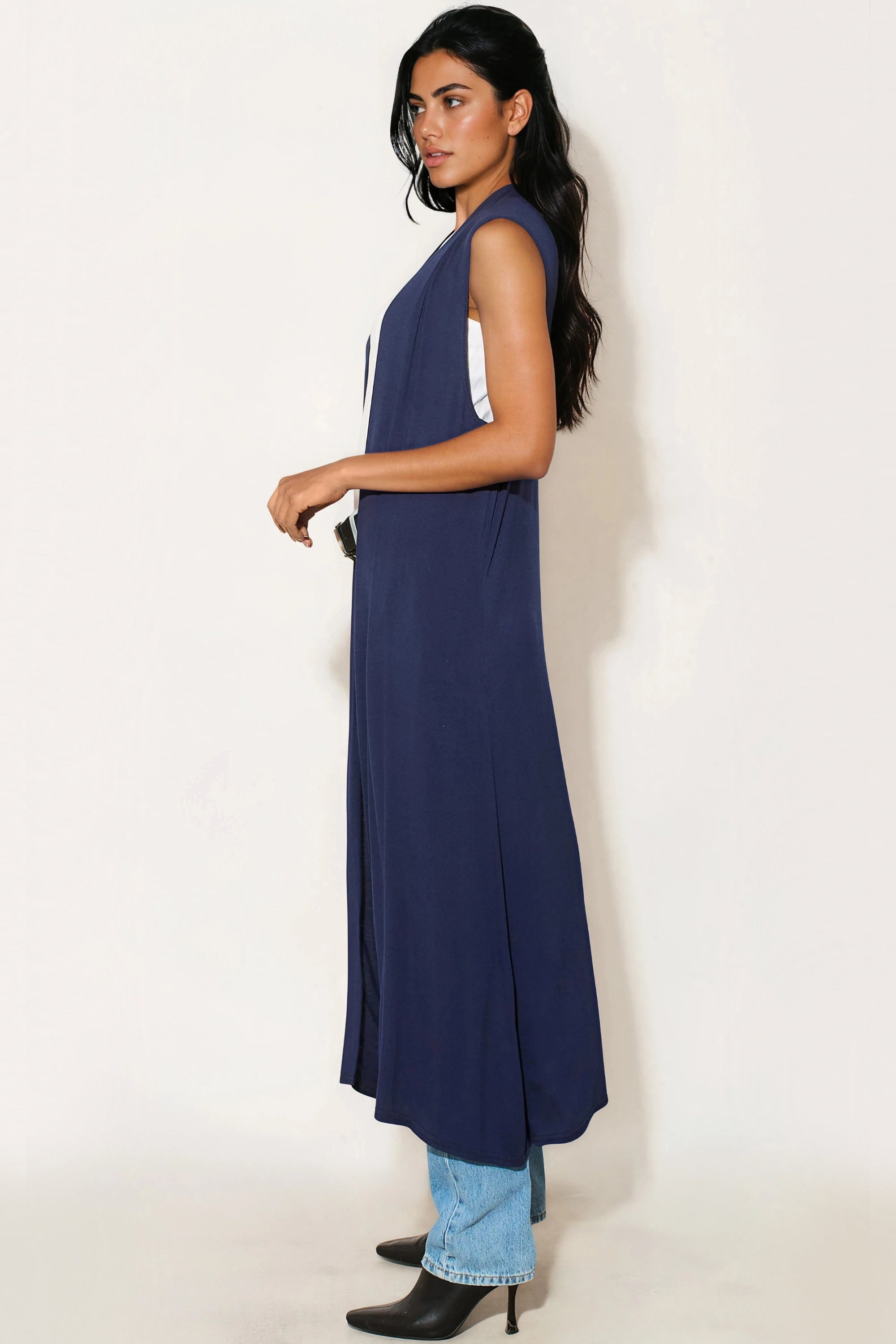 Navy Sleeveless Longline Maxi Cardigan