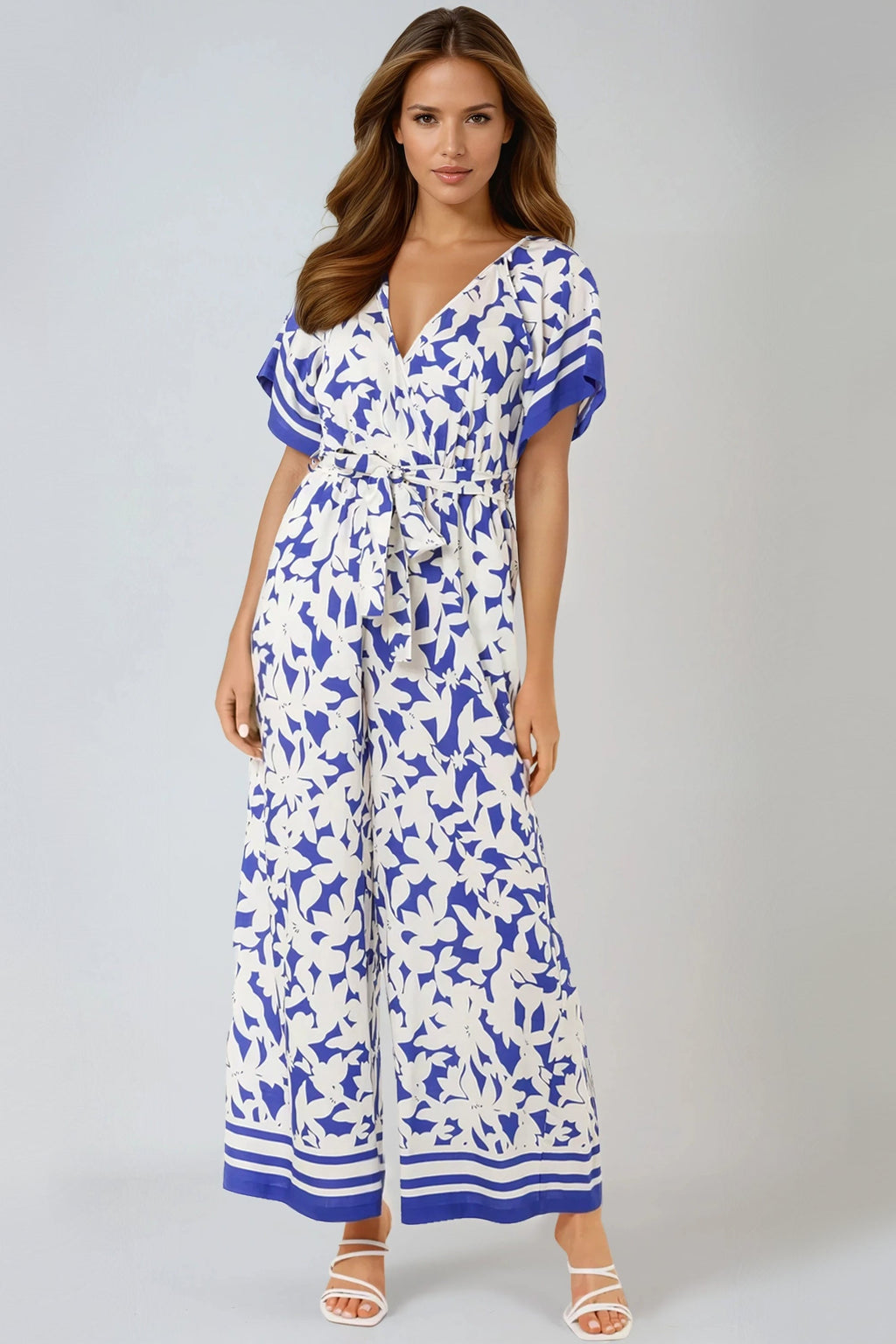 Blue Floral Wide-Leg Wrap Jumpsuit