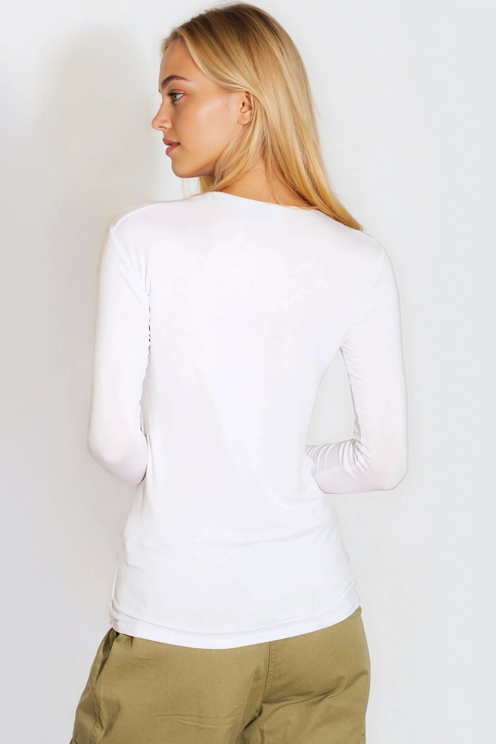 White V Neck Long Sleeve Top