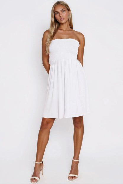 White Shirred Bandeau Mini Dress