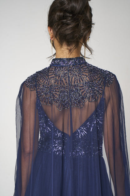 Navy Embellished Strappy Maxi Evening Dress with Detachable Cape