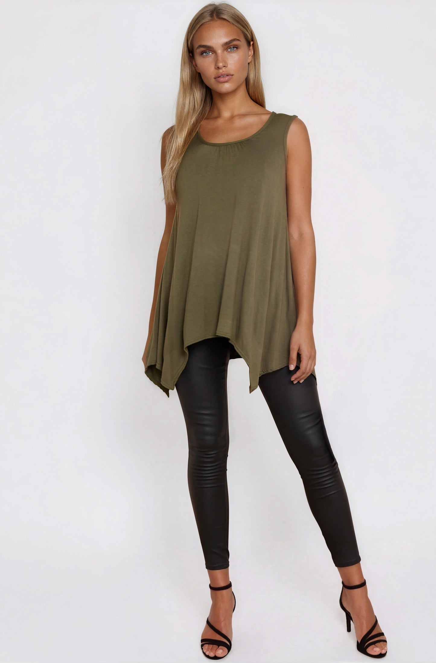 Khaki Sleeveless Top With Asymmetric Hem