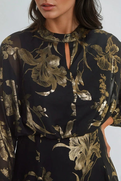 Black Gold Keyhole Foil Floral Detail Mini Dress