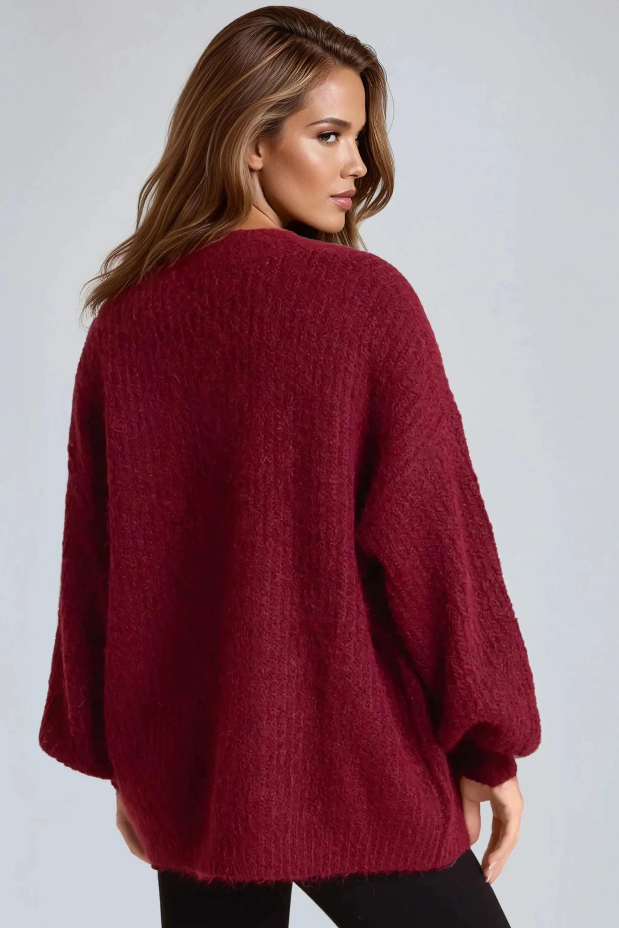 Wine Wool Blend Balloon Sleeve Knitted Cardigan
