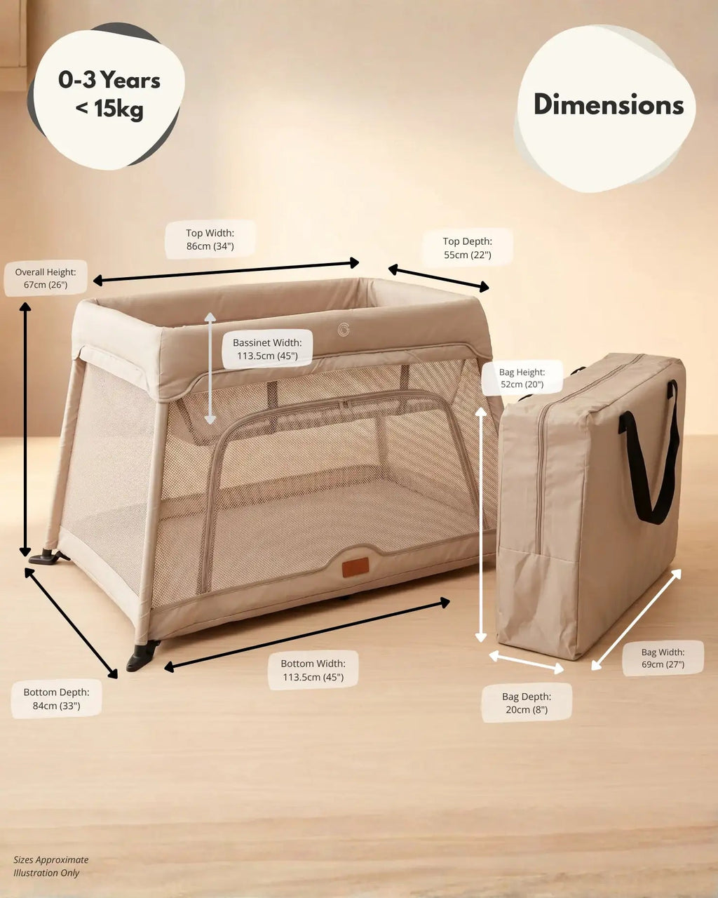 Airpod 3 Travel Cot Includes Newborn Bassinet Insert - Beige