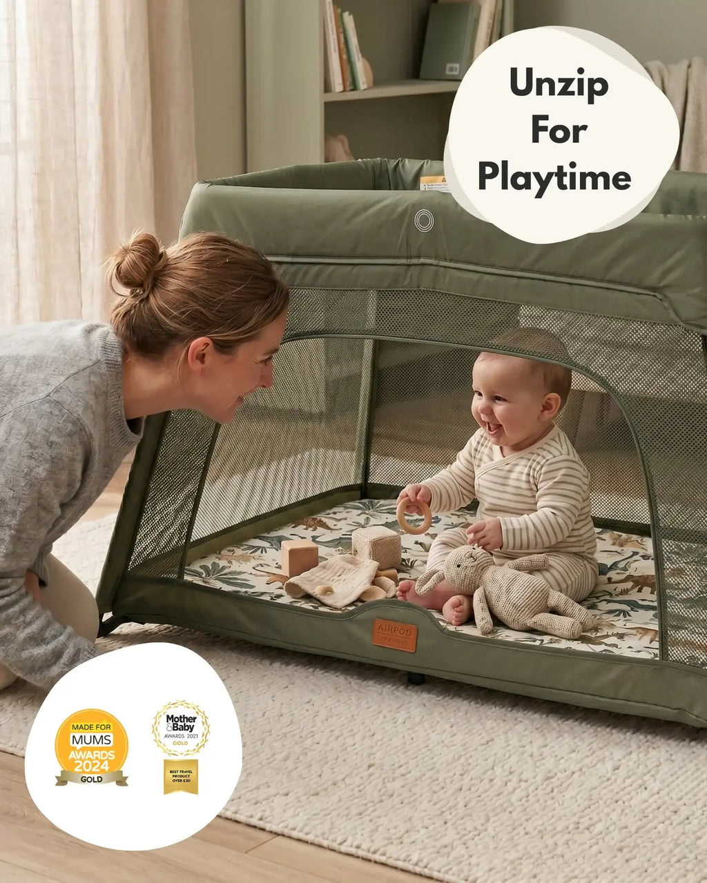 Airpod 3 Travel Cot Includes Newborn Bassinet Insert - Green