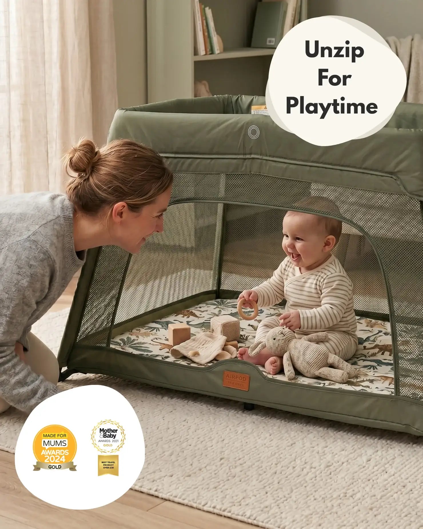 Airpod 3 Travel Cot Includes Newborn Bassinet Insert - Green