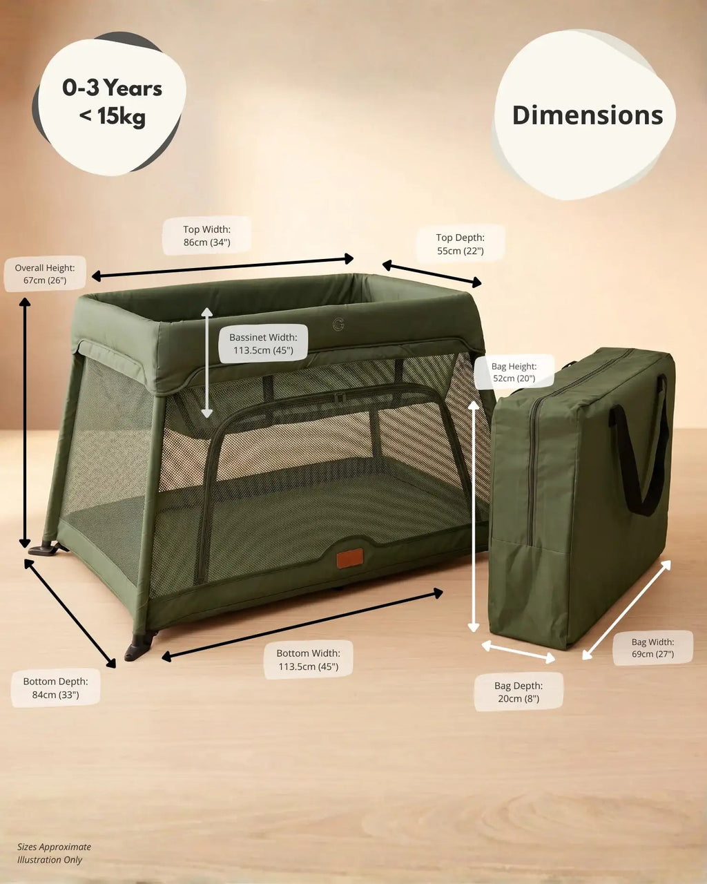 Airpod 3 Travel Cot Includes Newborn Bassinet Insert - Green