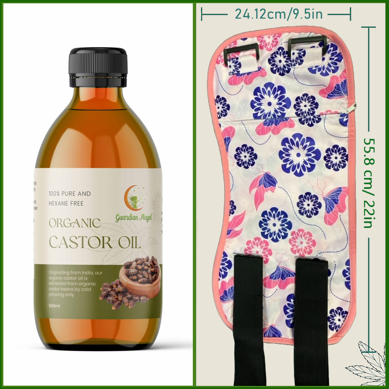 Organic Castor Oil 2 Piece Pack with a Premium Butterfly Body Wrap (Up to 45" Waist)