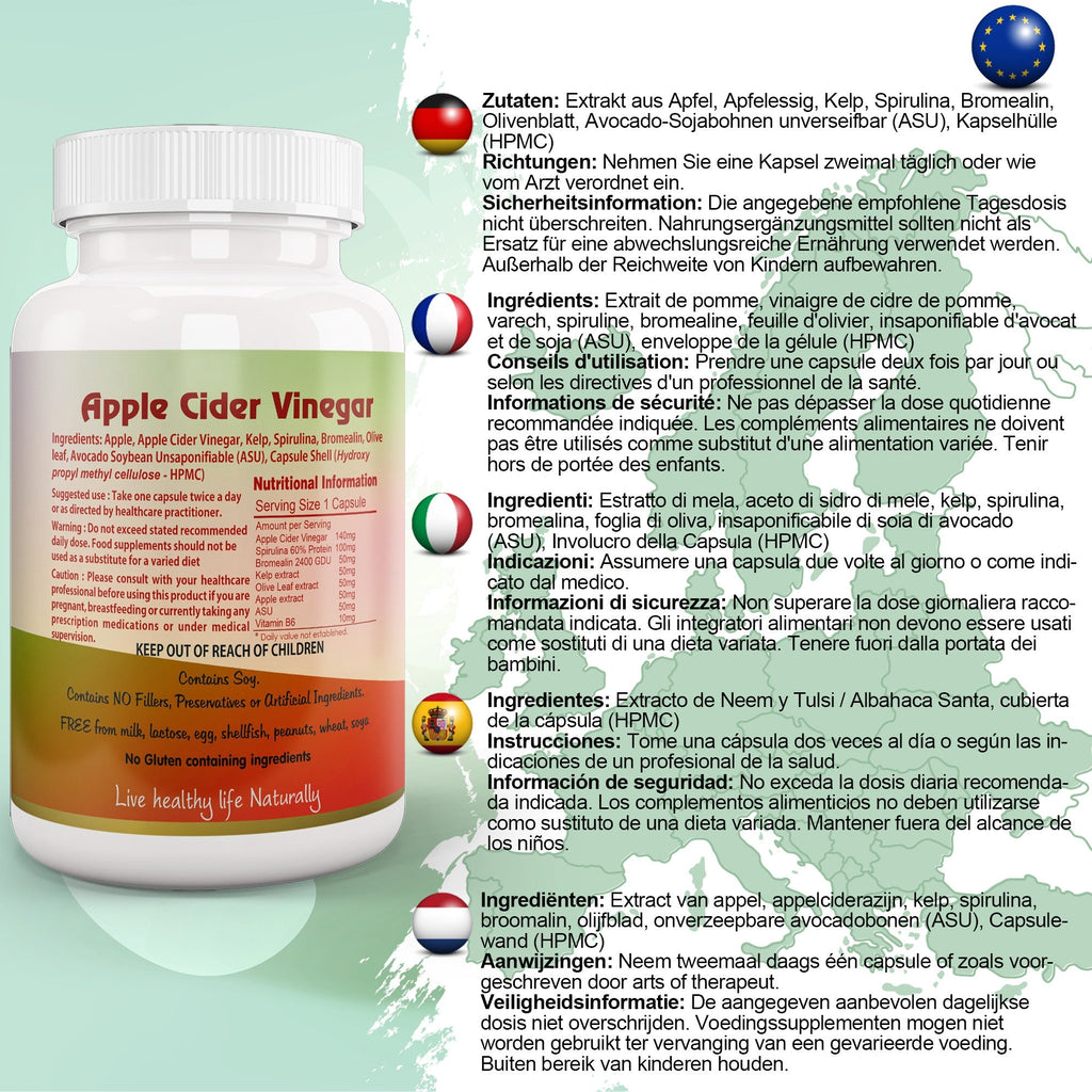 Ayushya Apple Cider Vinegar Capsules (ACV) with Kelp, Spirulina, Bromelain, Olive Leaf Digestive & Metabolic Wellness Support - Vegan, Gluten Free, Non-GMO, 60 Capsules