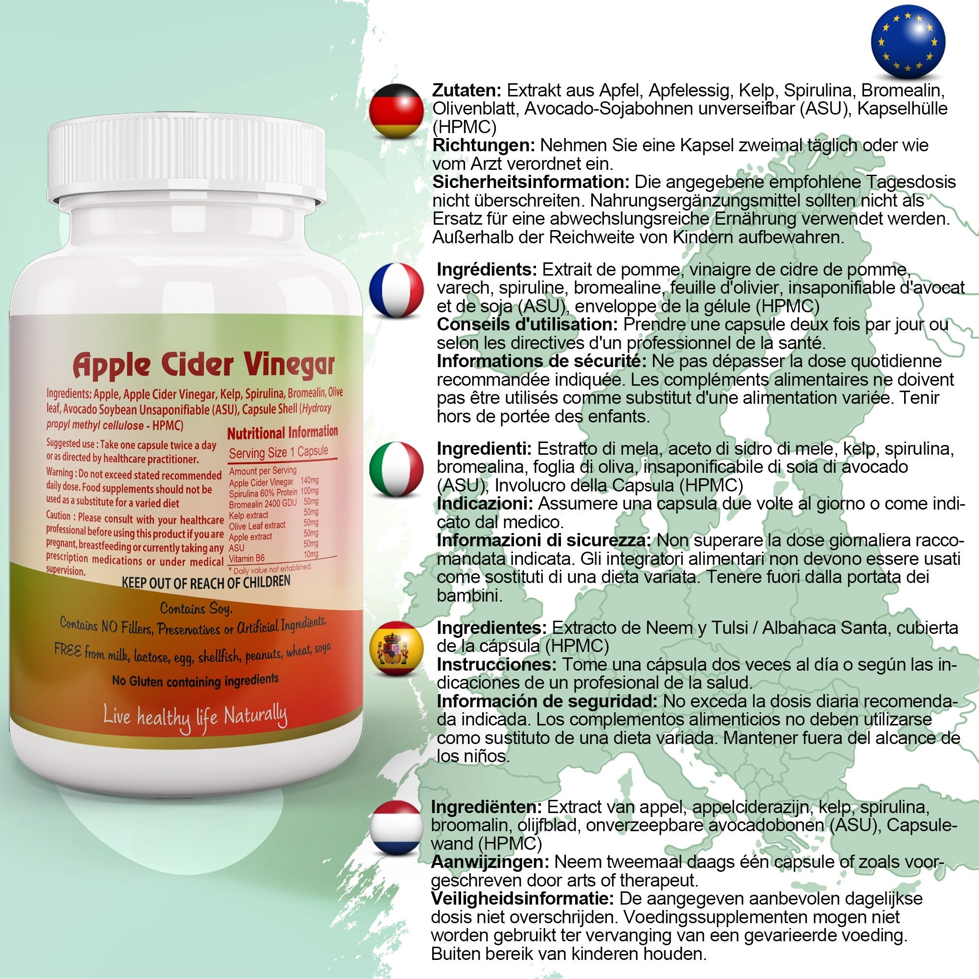 Ayushya Apple Cider Vinegar Capsules (ACV) with Kelp, Spirulina, Bromelain, Olive Leaf Digestive & Metabolic Wellness Support - Vegan, Gluten Free, Non-GMO, 60 Capsules