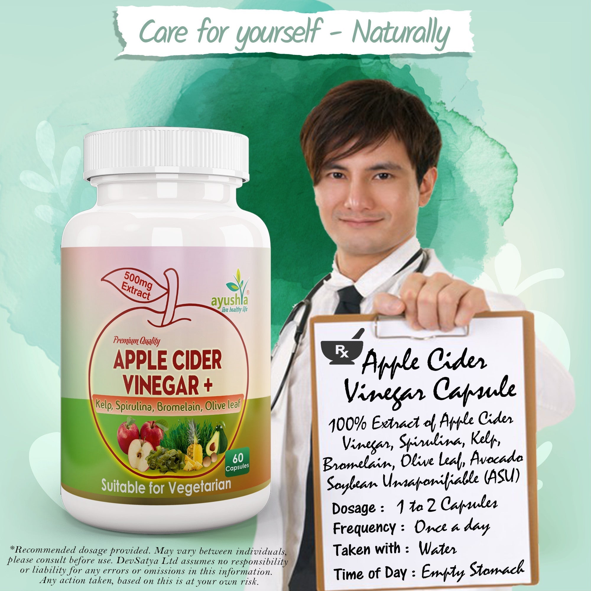 Ayushya Apple Cider Vinegar Capsules (ACV) with Kelp, Spirulina, Bromelain, Olive Leaf Digestive & Metabolic Wellness Support - Vegan, Gluten Free, Non-GMO, 60 Capsules