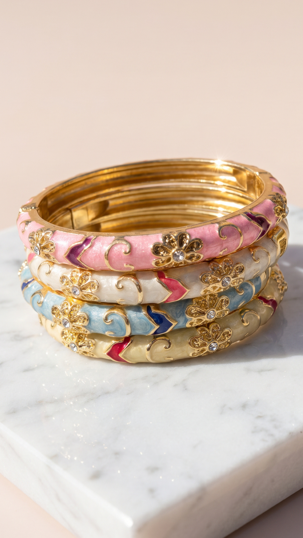 Gold Plated Steel Floral Enamel Crystal Bangle