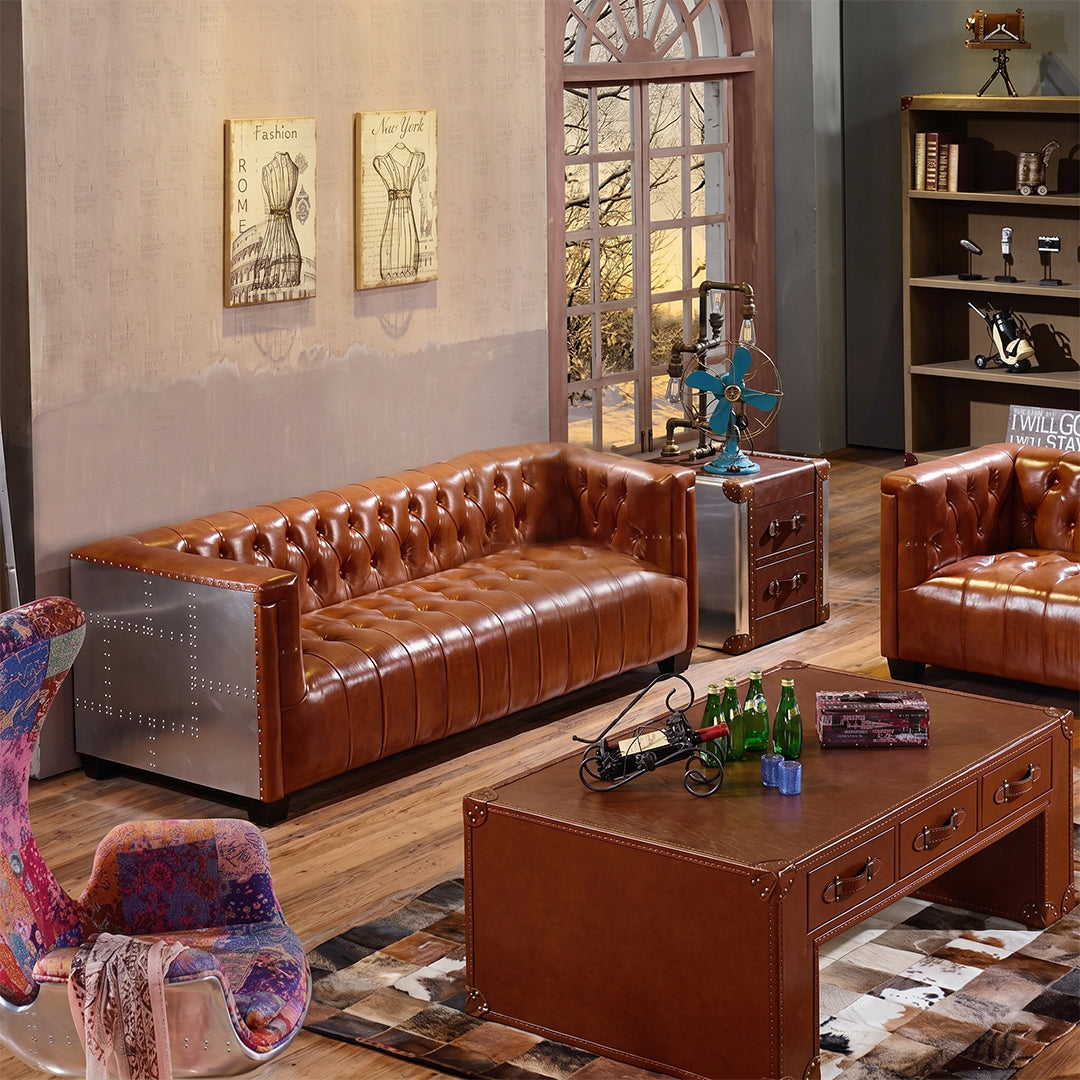 Aviator Three Seater Sofa, Real Leather And Aluminium