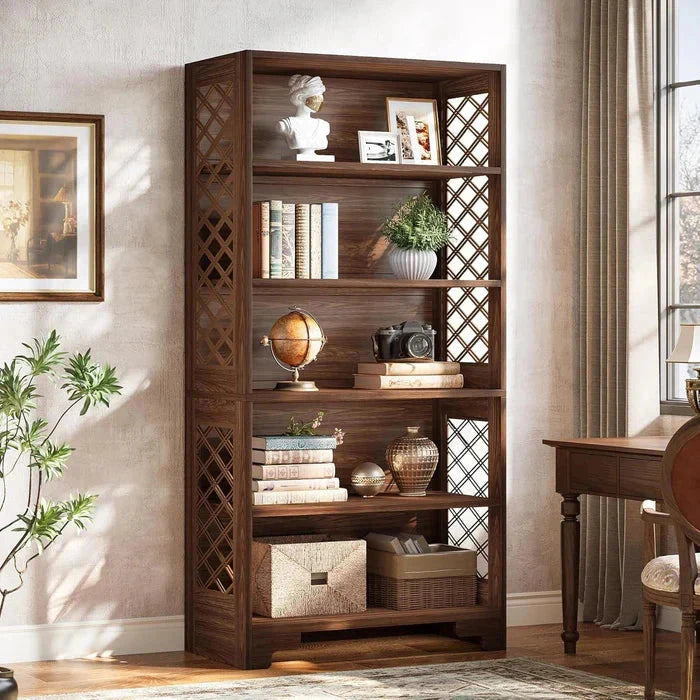 Classic 5-Tier Walnut Bookshelf - Traditional Library Display with Lattice Side Panels