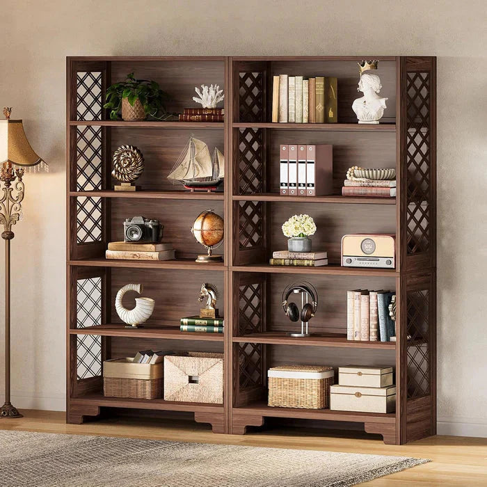 Classic 5-Tier Walnut Bookshelf - Traditional Library Display with Lattice Side Panels