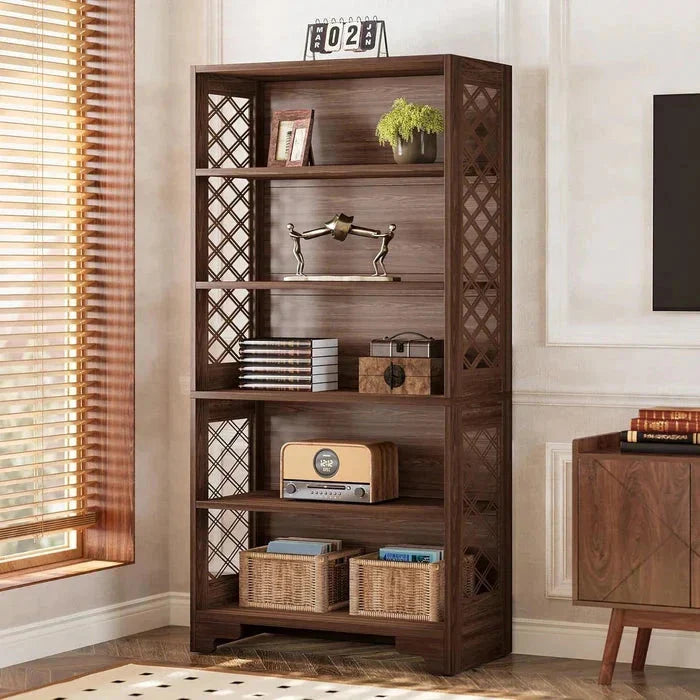 Classic 5-Tier Walnut Bookshelf - Traditional Library Display with Lattice Side Panels