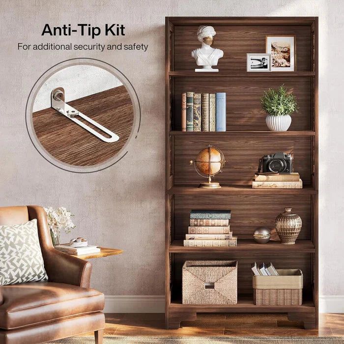 Classic 5-Tier Walnut Bookshelf - Traditional Library Display with Lattice Side Panels