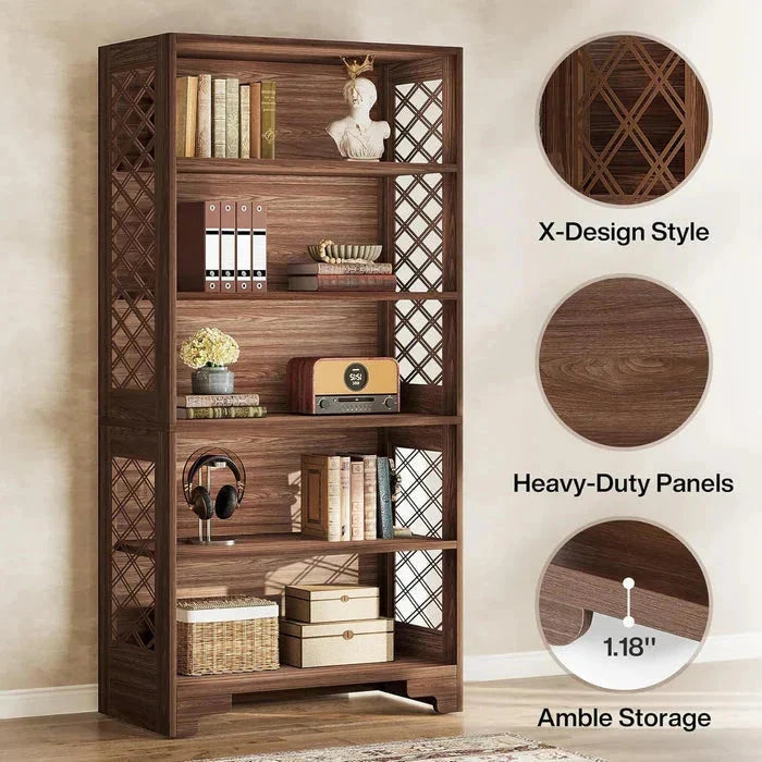 Classic 5-Tier Walnut Bookshelf - Traditional Library Display with Lattice Side Panels