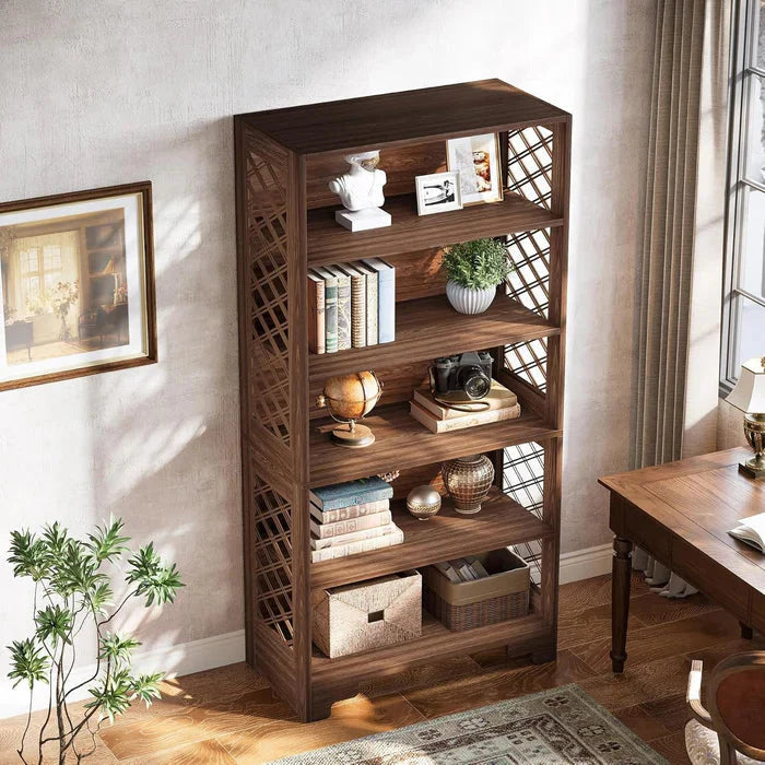 Classic 5-Tier Walnut Bookshelf - Traditional Library Display with Lattice Side Panels