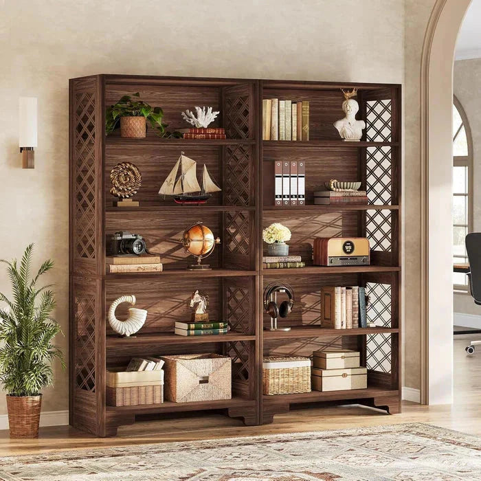 Classic 5-Tier Walnut Bookshelf - Traditional Library Display with Lattice Side Panels