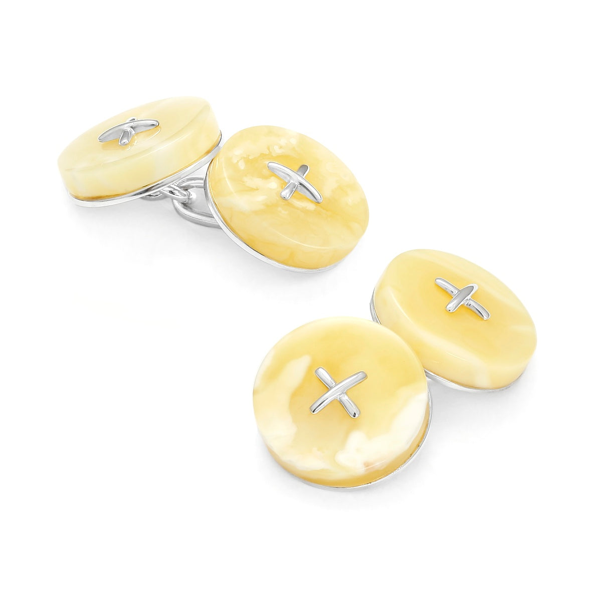White Baltic Amber Button Sterling Silver Cufflinks