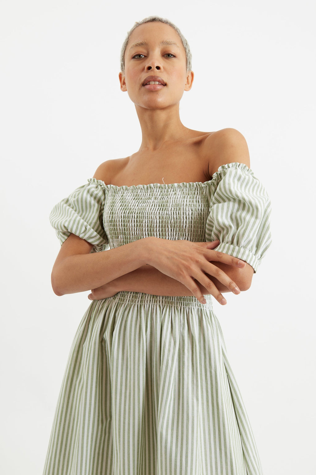 Babette Sail Stripe Shirred Bodice Midi Dress Green