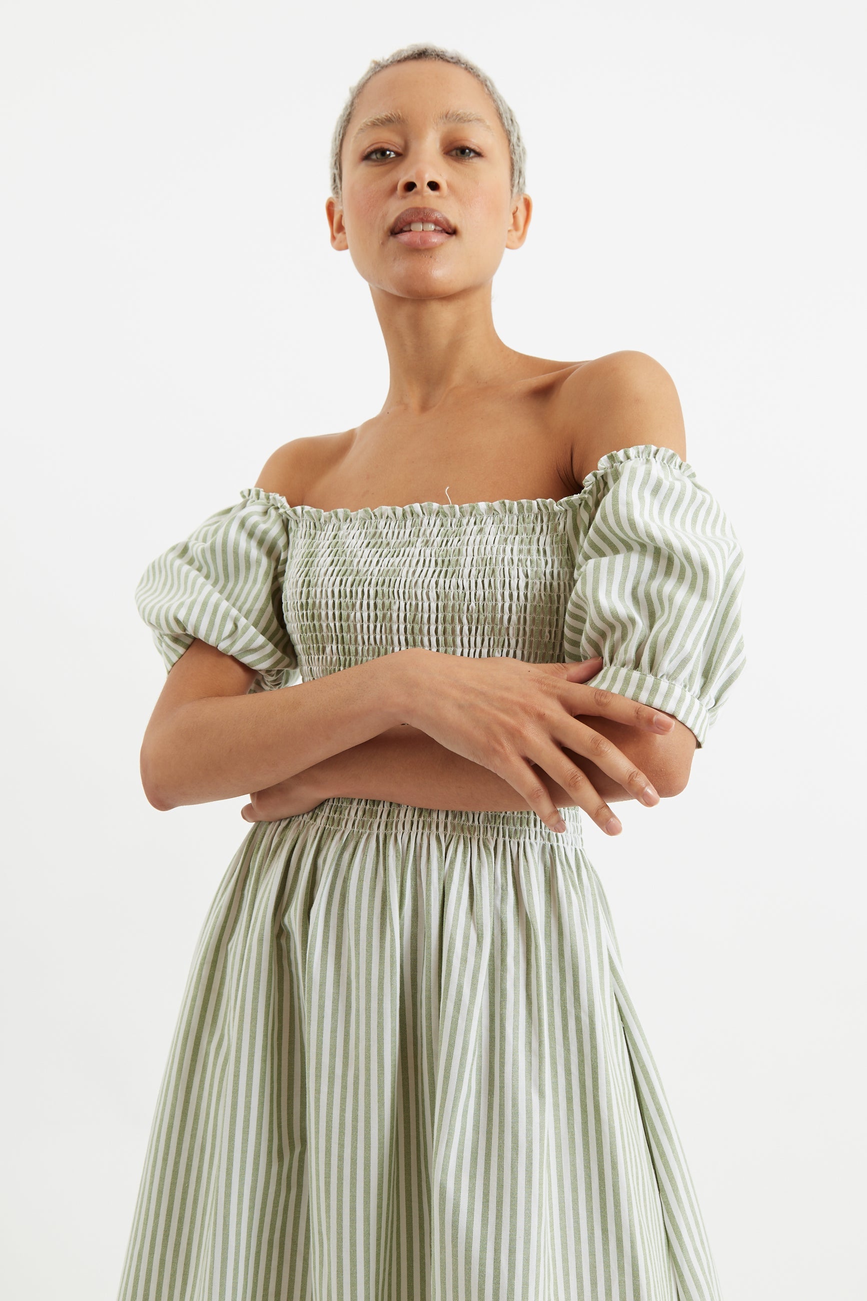 Babette Sail Stripe Shirred Bodice Midi Dress Green