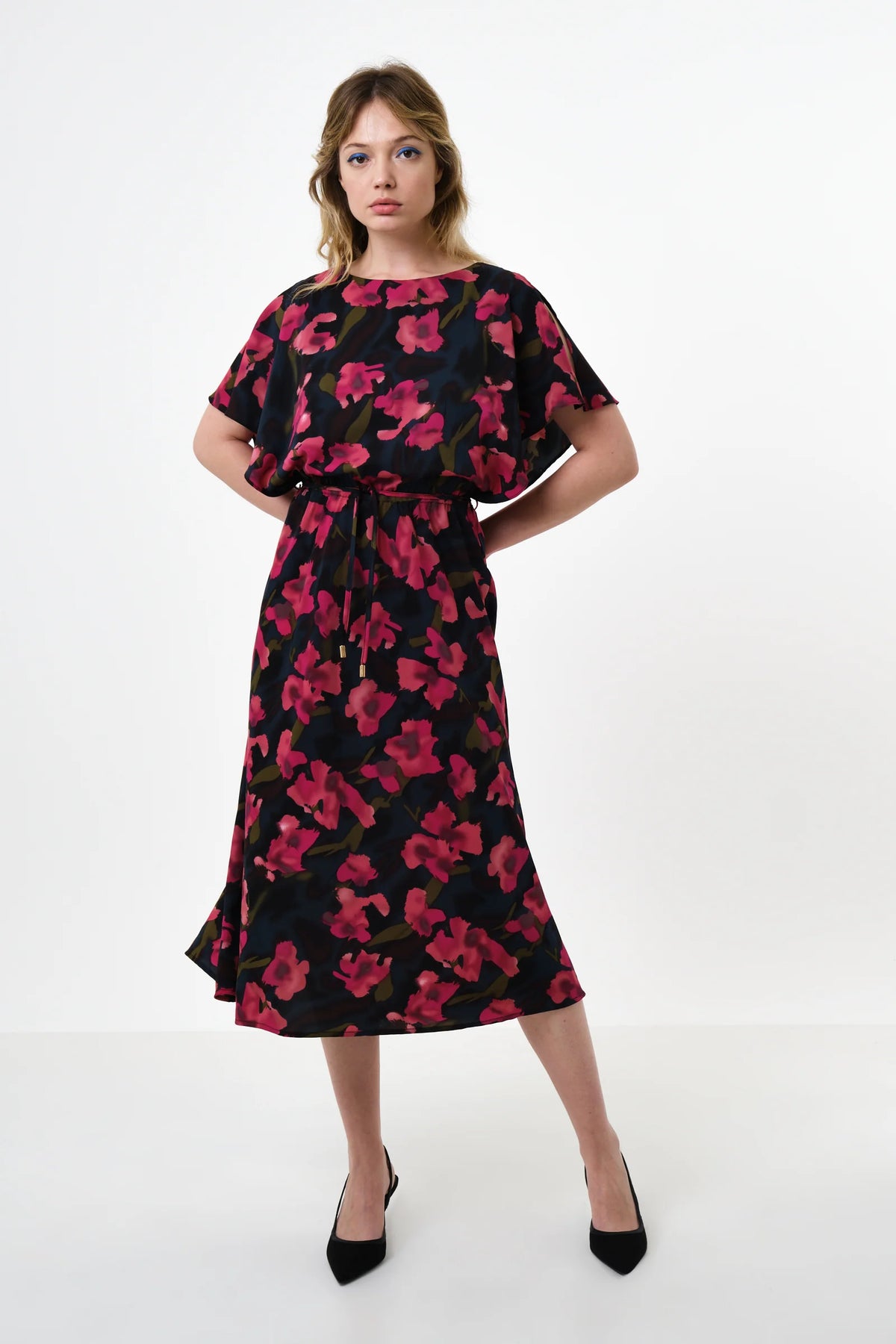 Basford Watermark Floral Print Cape Sleeve Midi Dress