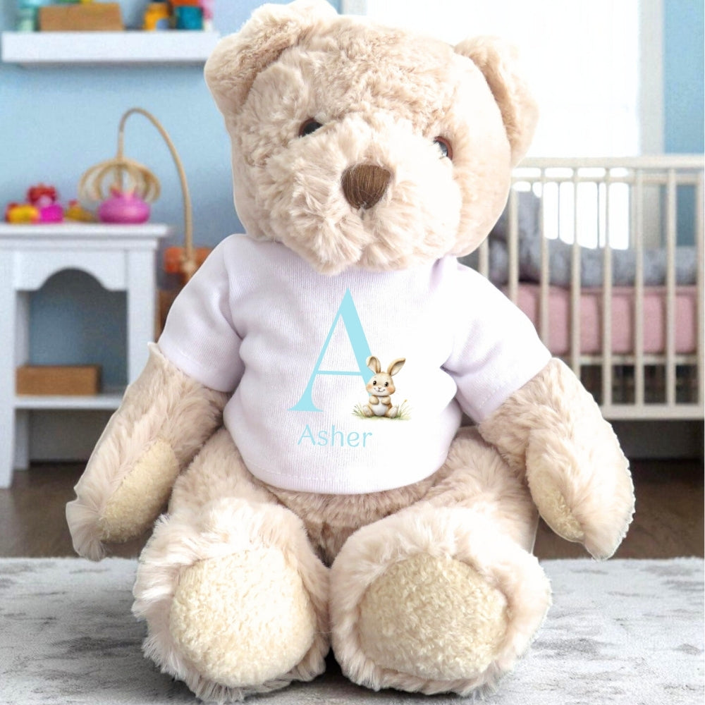 Personalised Blue Initial Bunny Gift Hamper Baby Gift Hamper - Teddy & Vest