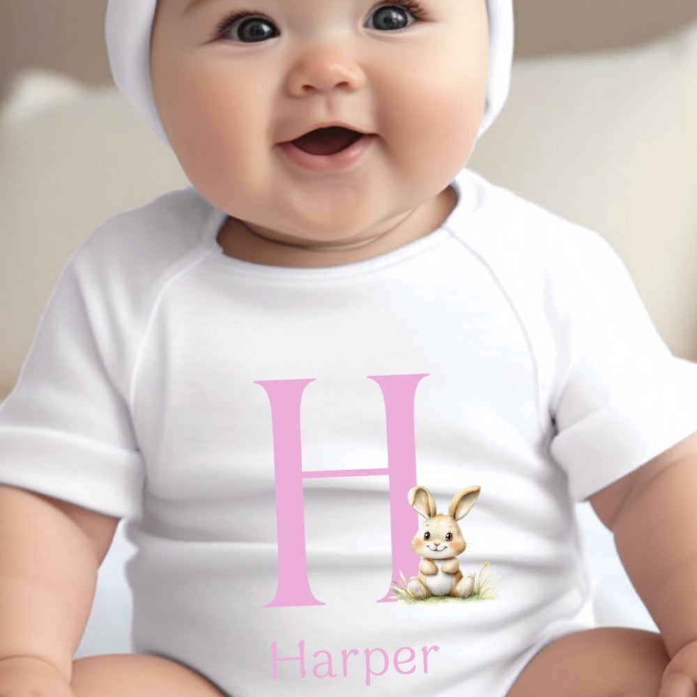 Personalised Bunny Pink Initial Baby Grow, Vest or Bib with Name