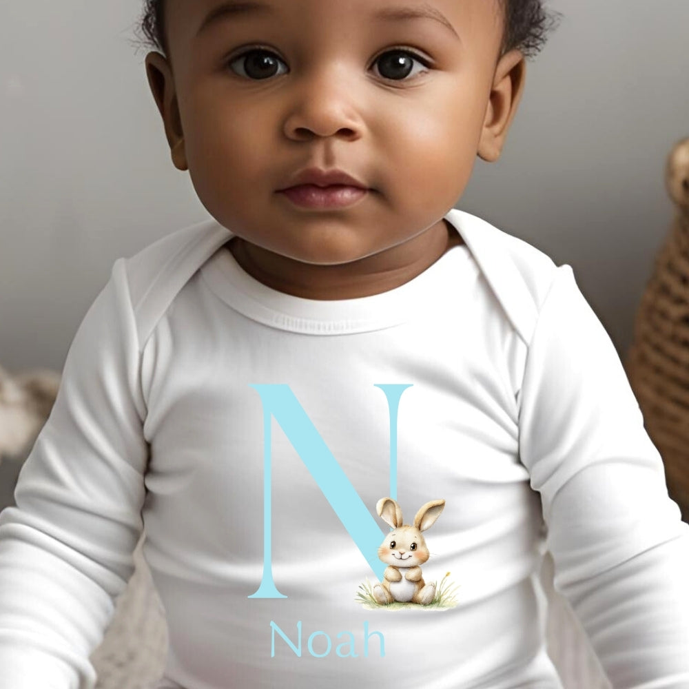 Personalised Bunny Blue Initial Baby Grow, Vest or Bib with Name