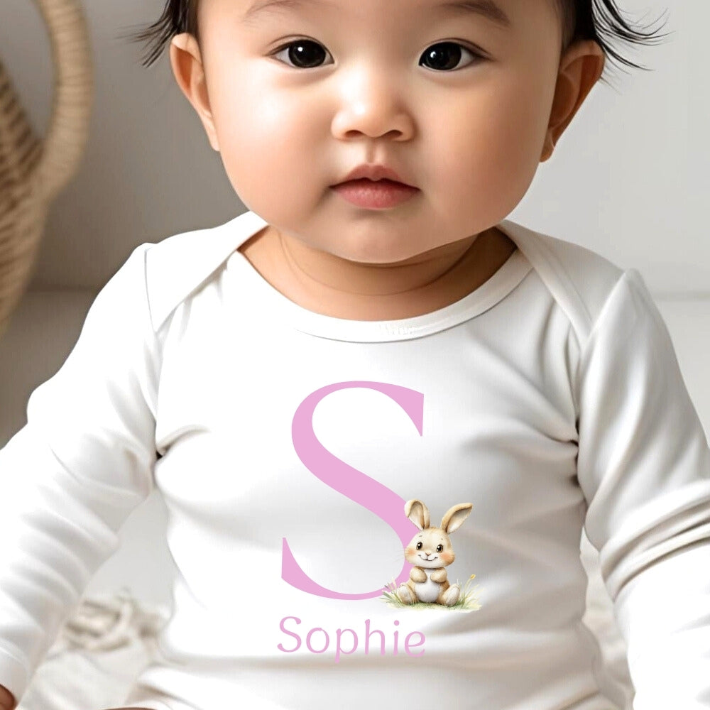 Personalised Bunny Pink Initial Baby Grow, Vest or Bib with Name