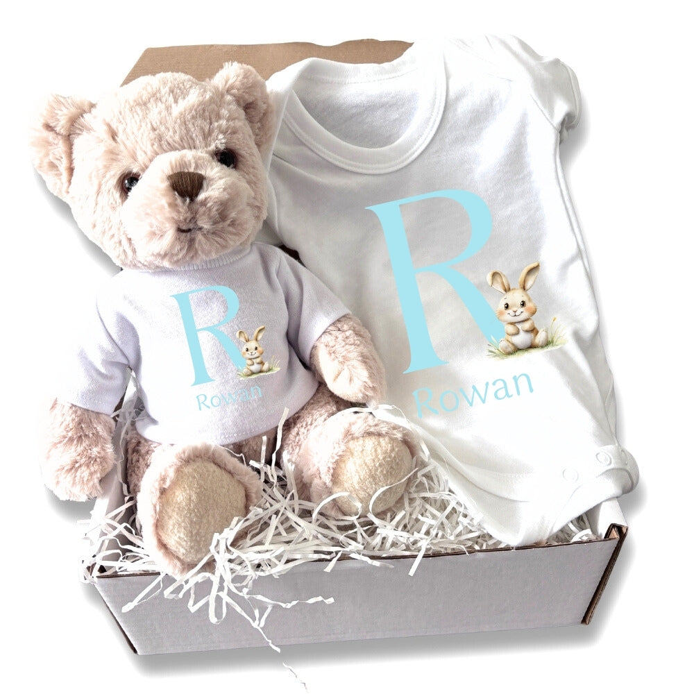 Personalised Blue Initial Bunny Gift Hamper Baby Gift Hamper - Teddy & Vest