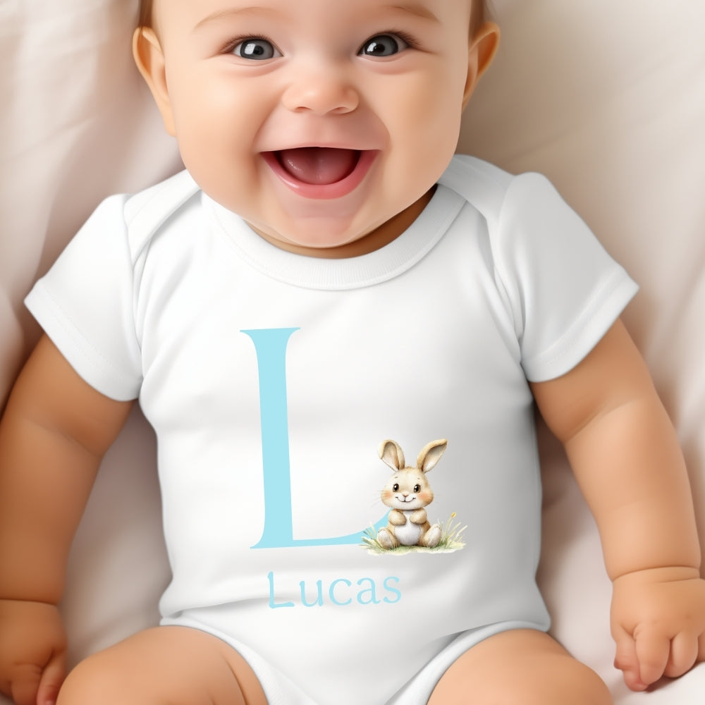 Personalised Bunny Blue Initial Baby Grow, Vest or Bib with Name