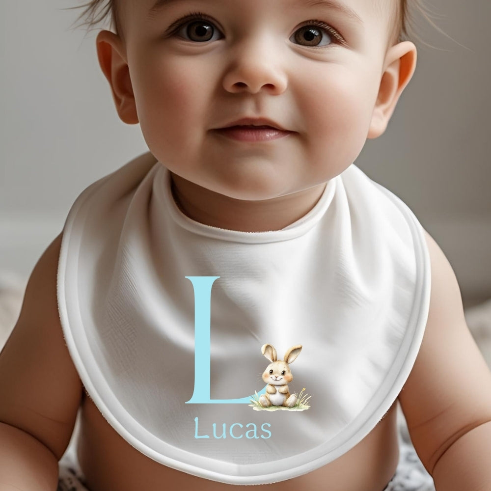 Personalised Bunny Blue Initial Baby Grow, Vest or Bib with Name