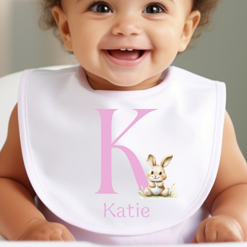 Personalised Bunny Pink Initial Baby Grow, Vest or Bib with Name