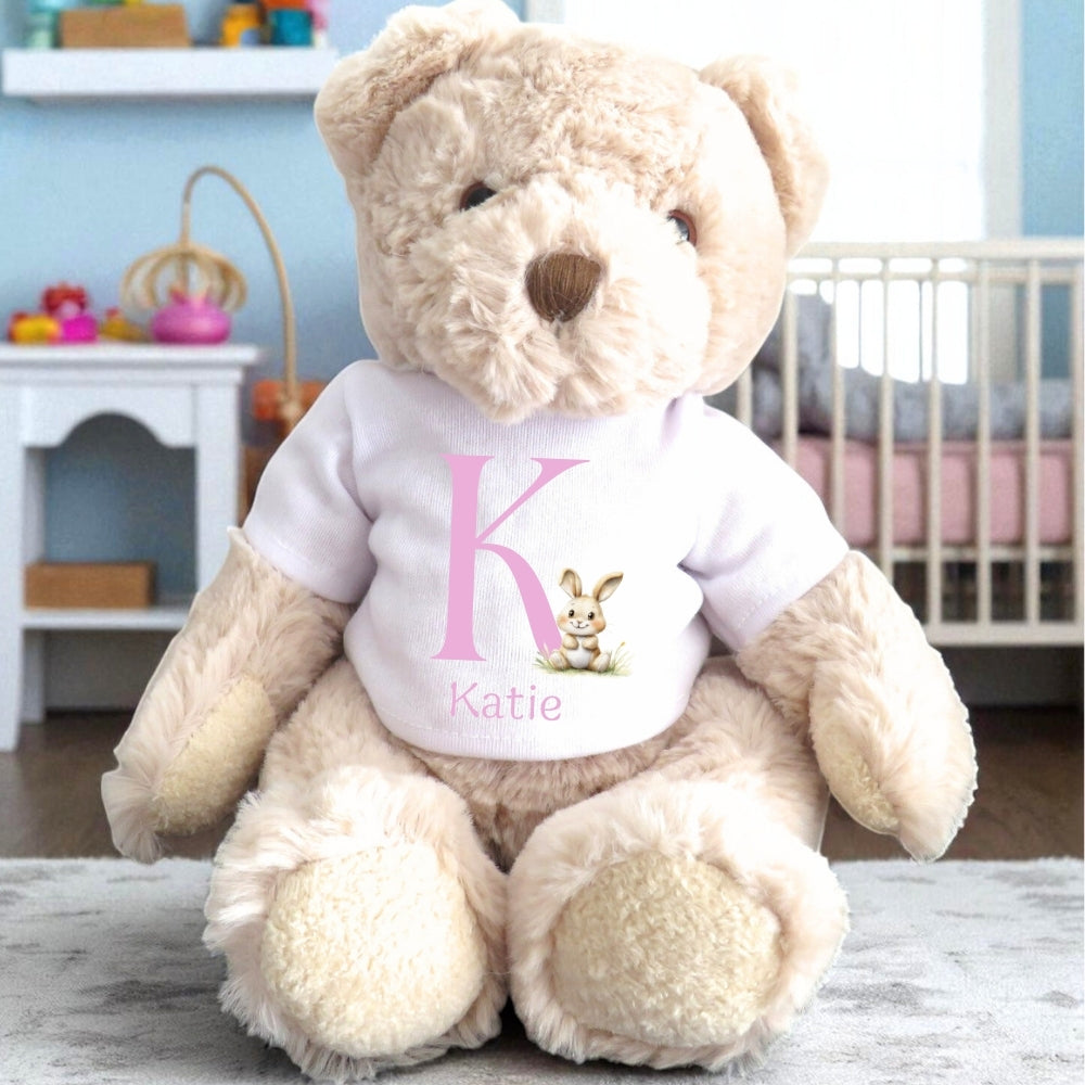 Personalised Pink Initial Bunny Gift Hamper Baby Gift Hamper - Teddy & Vest