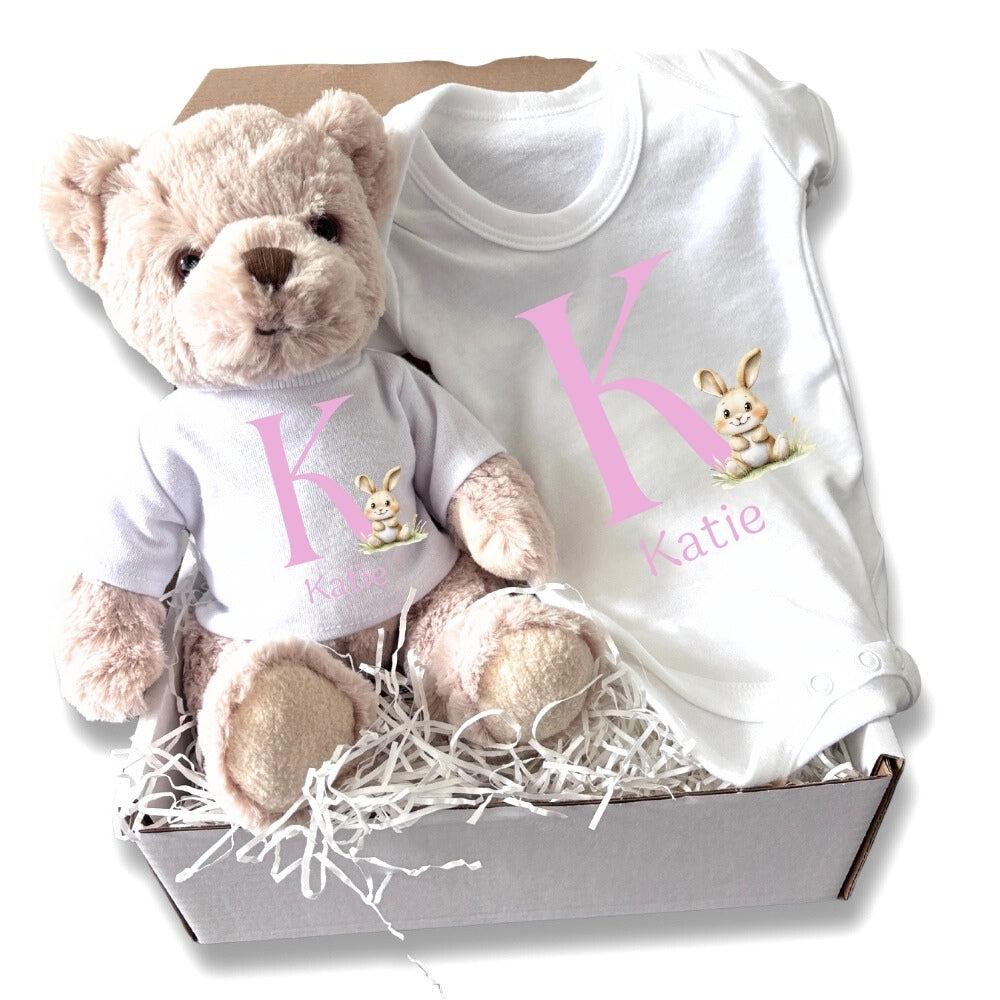 Personalised Pink Initial Bunny Gift Hamper Baby Gift Hamper - Teddy & Vest