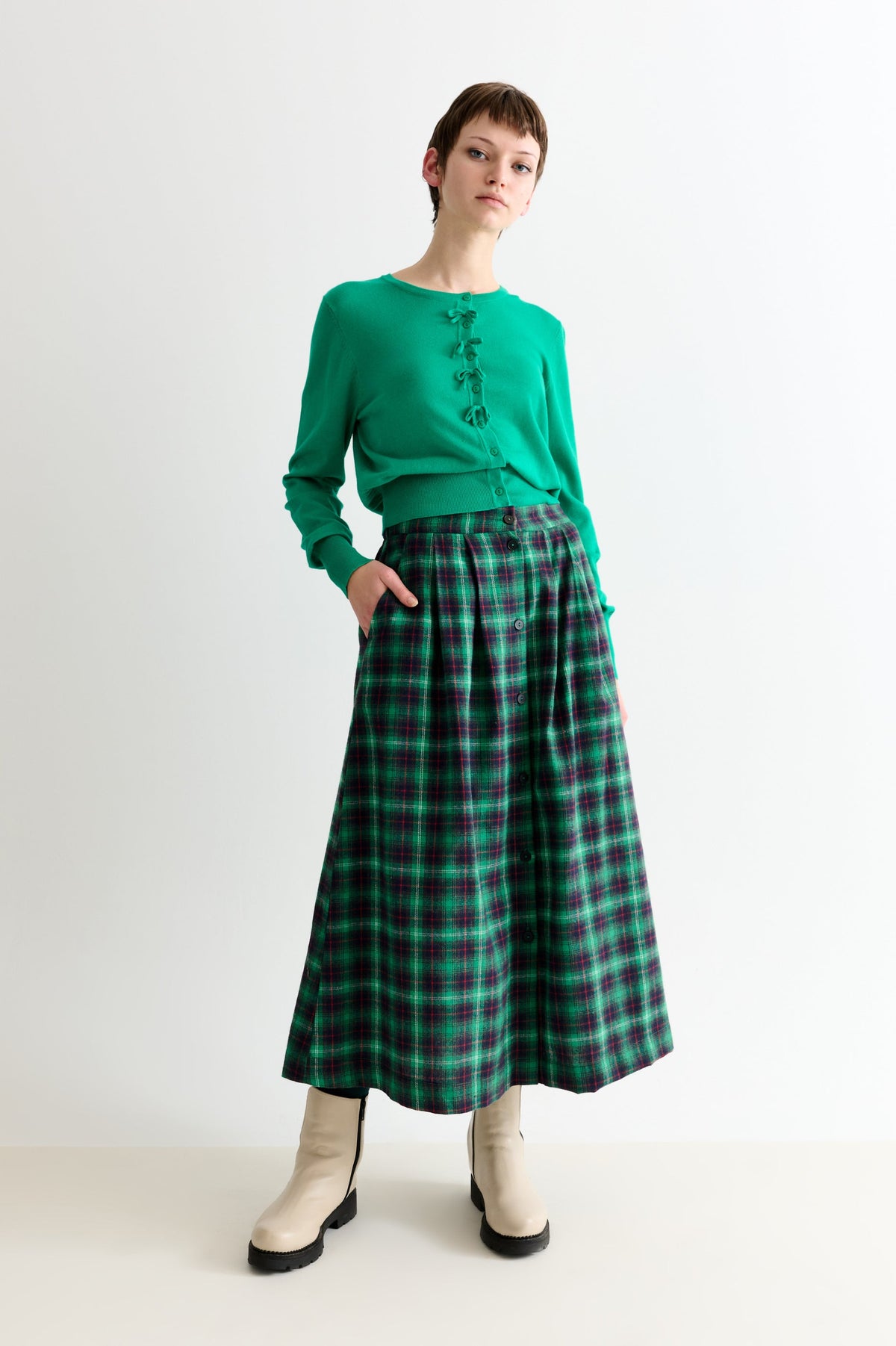 Bia Winter Check Button Through Skirt - Green