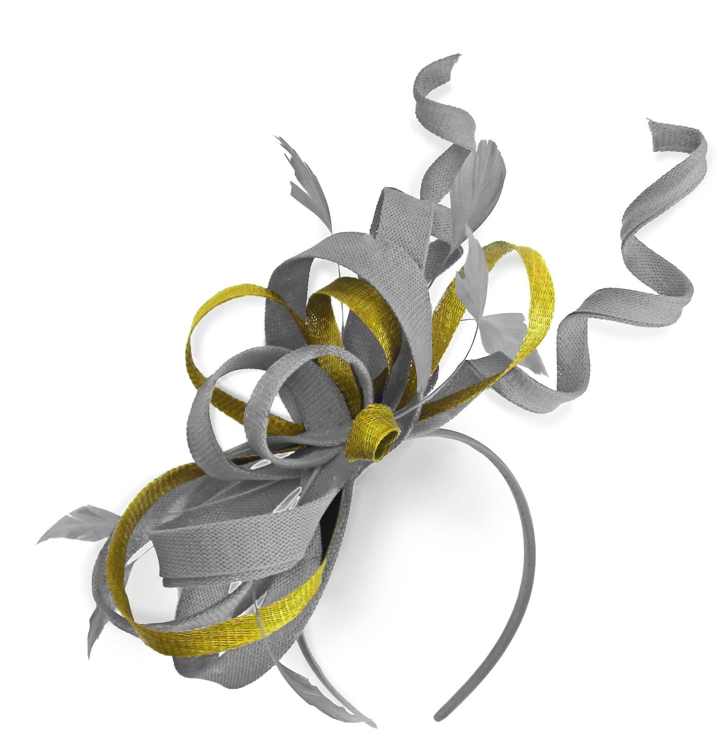 Caprilite Silver Grey and Yellow Wedding Swirl Fascinator Headband Alice Band Ascot Races Loop Net