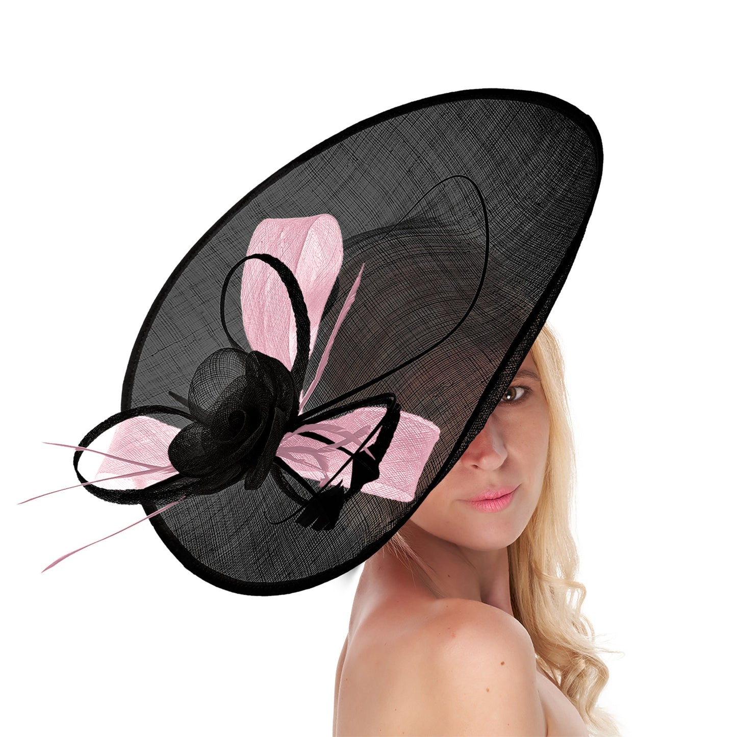 Black Blush 41cm Mix Large Sinamay Hatinator Disc Saucer Brim Hat Fascinator on Headband