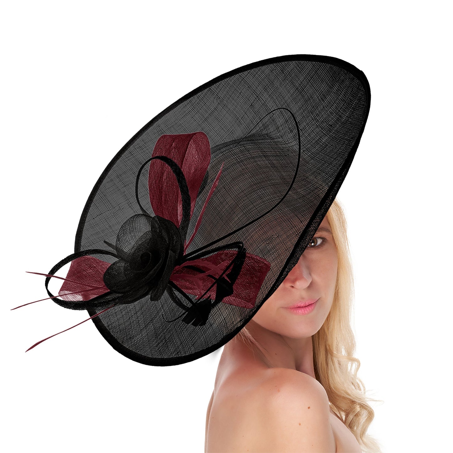 Black Burgundy 41cm Mix Large Sinamay Hatinator Disc Saucer Brim Hat Fascinator on Headband