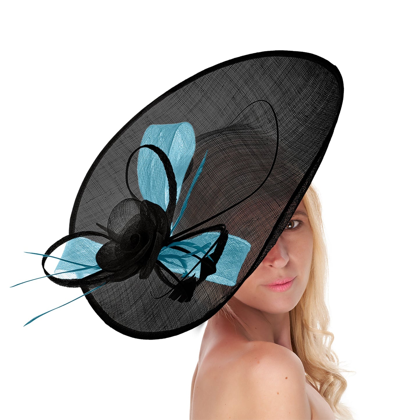 Black Cornflower 41cm Mix Large Sinamay Hatinator Disc Saucer Brim Hat Fascinator on Headband