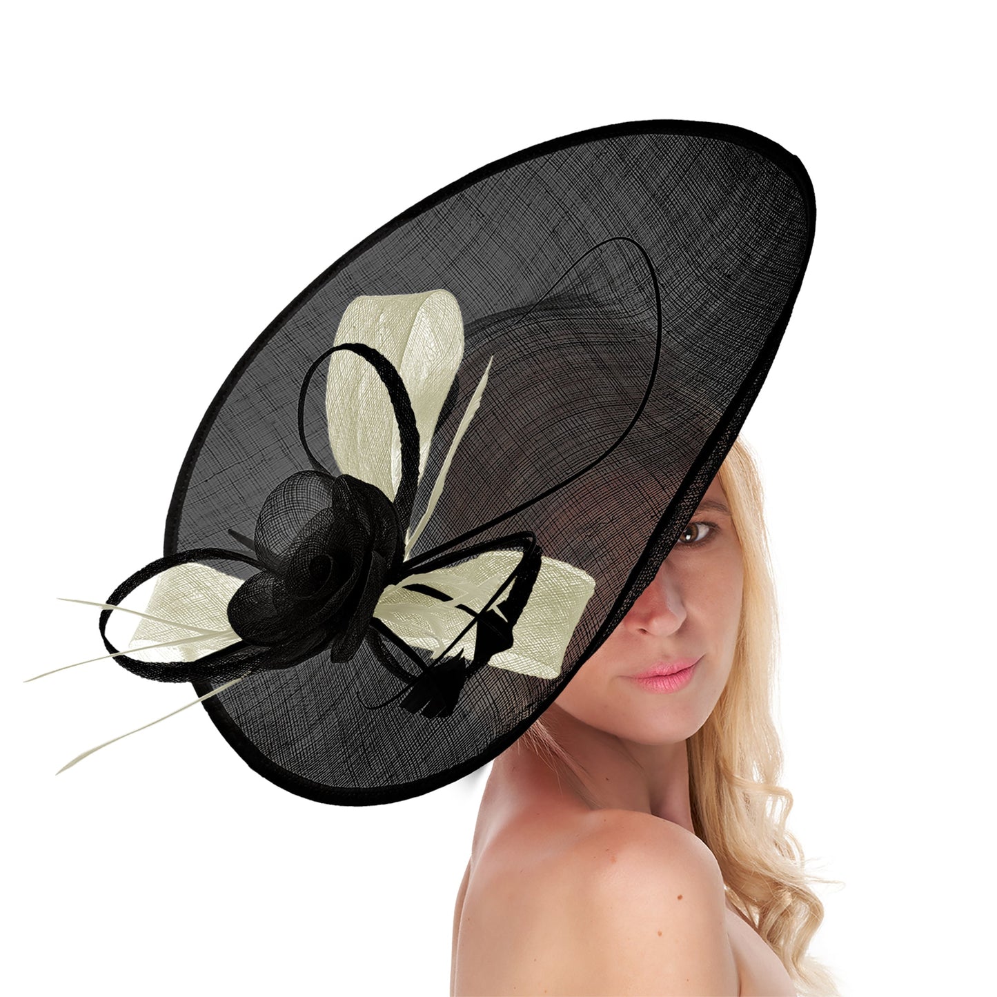 Black Cream 41cm Mix Large Sinamay Hatinator Disc Saucer Brim Hat Fascinator on Headband