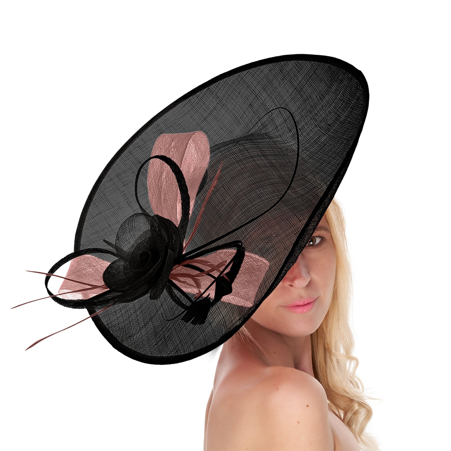 Black Dusty Pink 41cm Mix Large Sinamay Hatinator Disc Saucer Brim Hat Fascinator on Headband