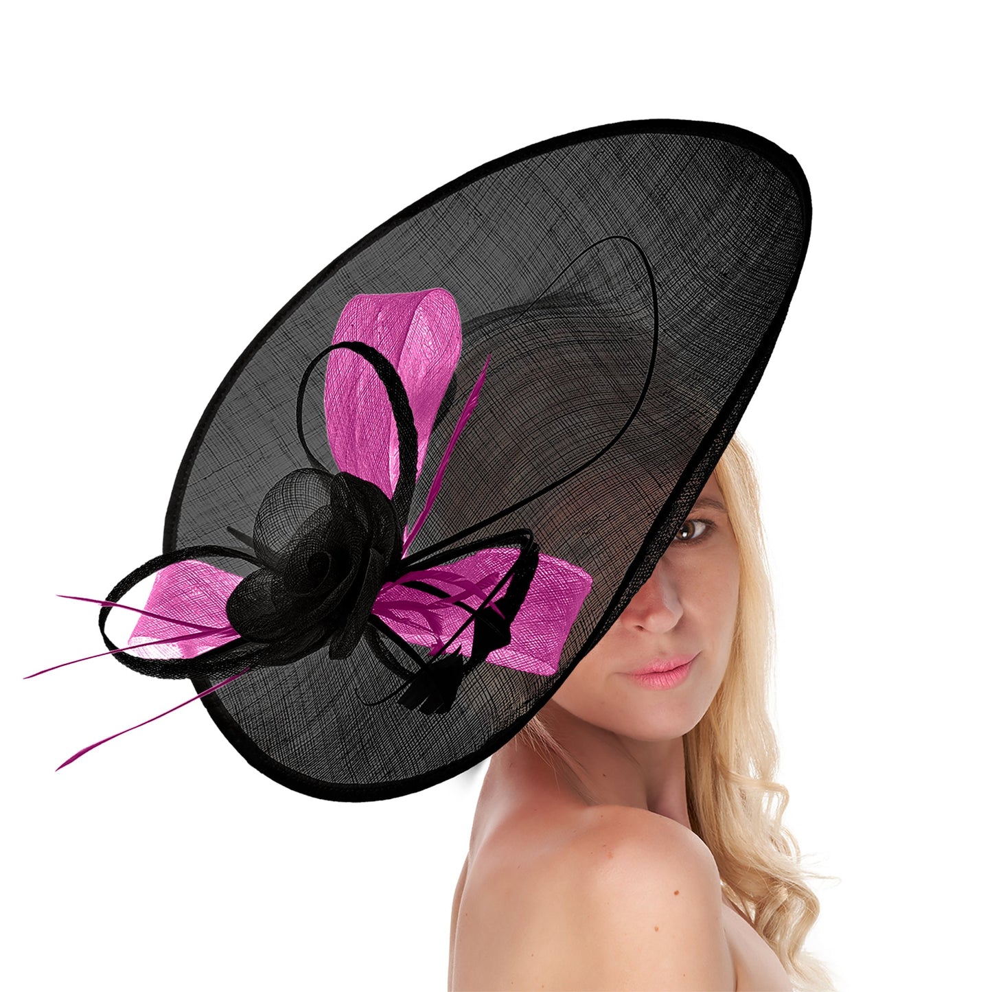 Black Fuchsia 41cm Mix Large Sinamay Hatinator Disc Saucer Brim Hat Fascinator on Headband