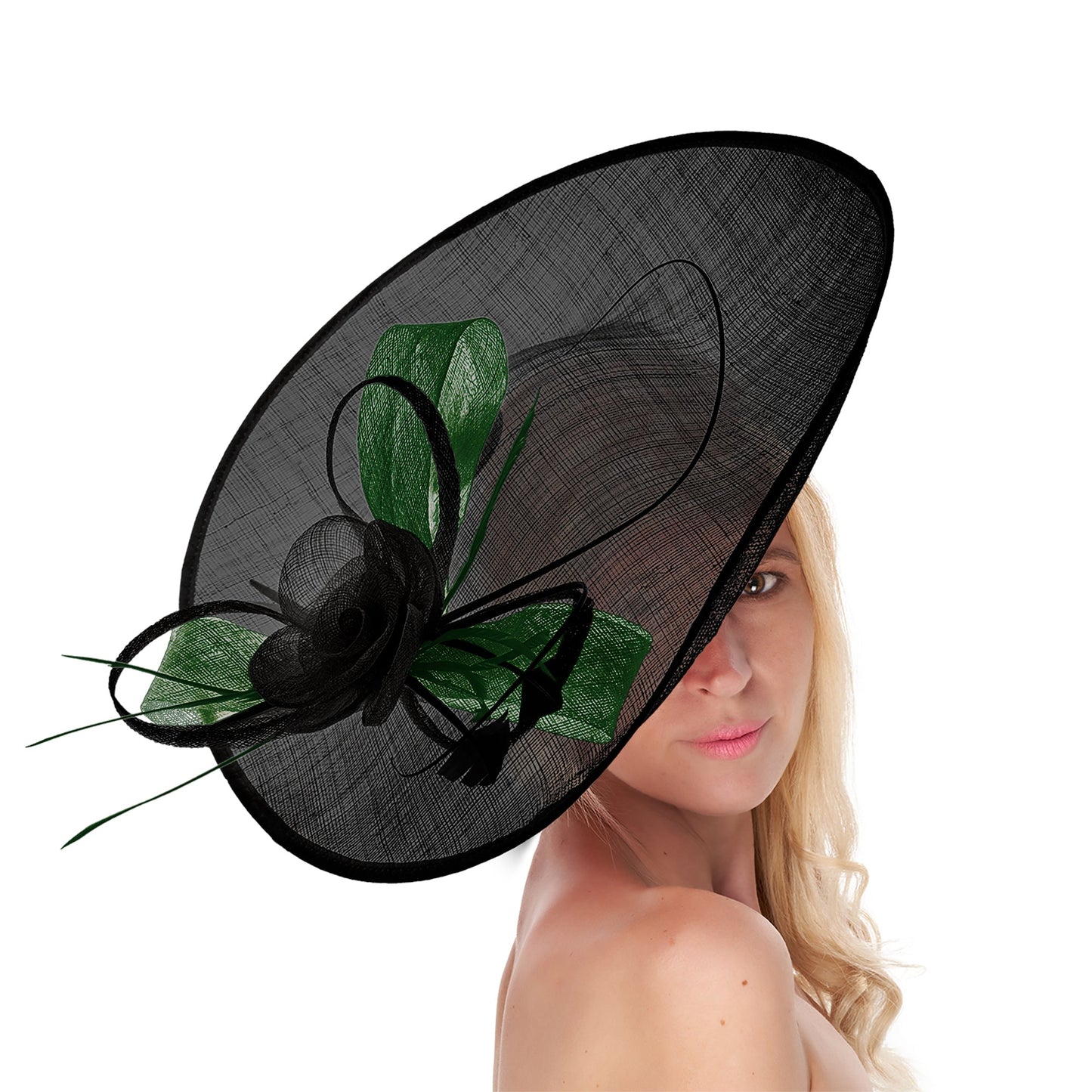 Black Green 41cm Mix Large Sinamay Hatinator Disc Saucer Brim Hat Fascinator on Headband