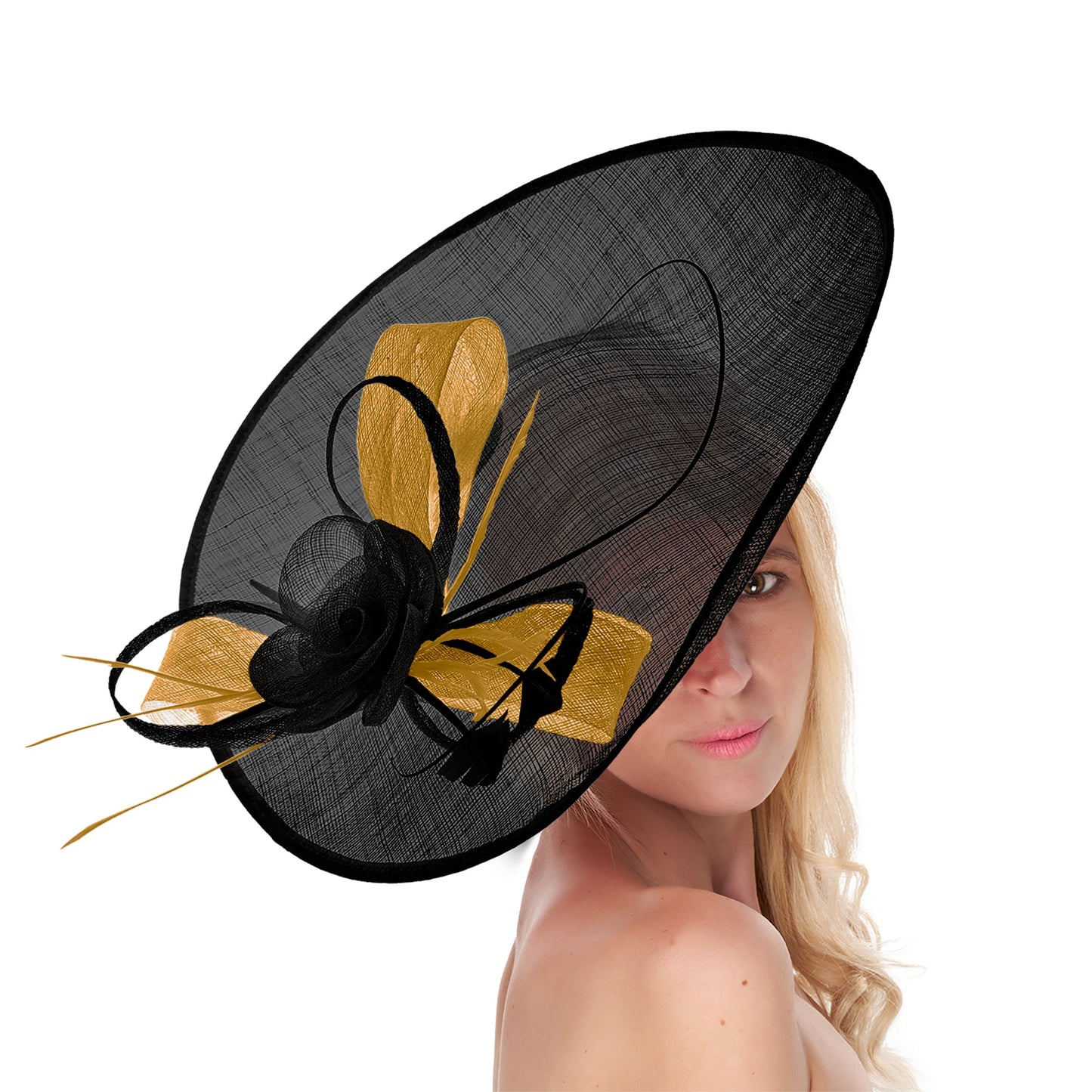Black Mustard 41cm Mix Large Sinamay Hatinator Disc Saucer Brim Hat Fascinator on Headband