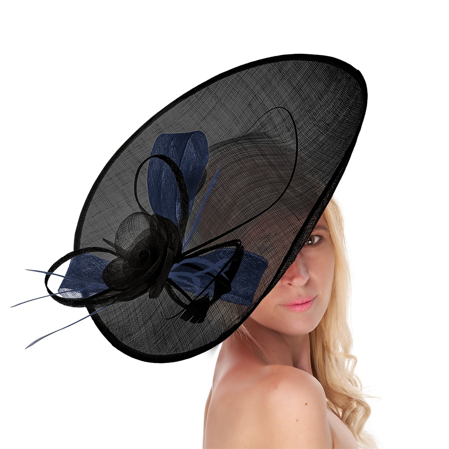 Black Navy 41cm Mix Large Sinamay Hatinator Disc Saucer Brim Hat Fascinator on Headband